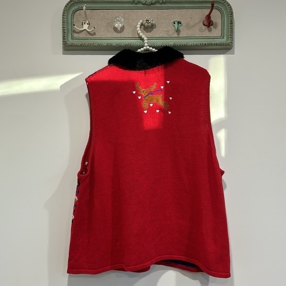 Holiday vintage woven reindeer faux fur collar sweater vest zip up plus size 2X - Picture 5 of 6